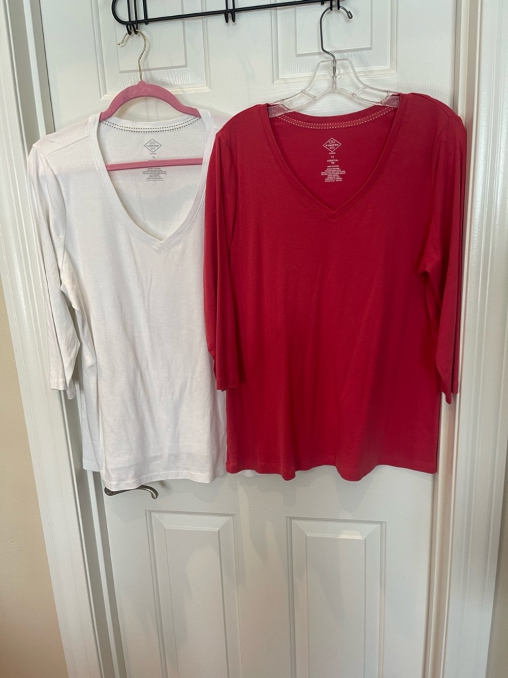 Set of Two - St. John's Bay V-Neck Three Quarter Sleeve Tees in White and Red 1X - Picture 6 of 10